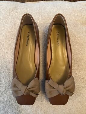 C. Paraviano Tan Bow Leather Ballet Flats - Sz 37.5 Square Toe Ribbon Brown